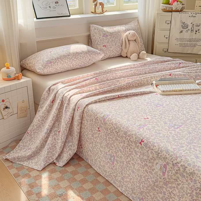 91家纺网 家纺一手货源 找家纺 爱彼家纺 2026新款细沙卡通原棉老粗布床单凉席床单三件套-新升级细沙 粉兔花事