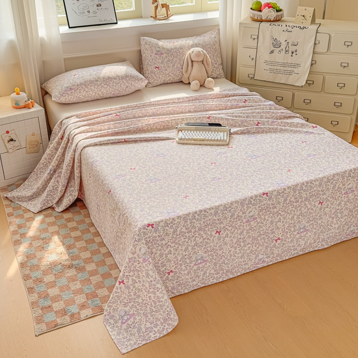 91家纺网 家纺一手货源 找家纺 爱彼家纺 2026新款细沙卡通原棉老粗布床单凉席床单三件套-新升级细沙 粉兔花事