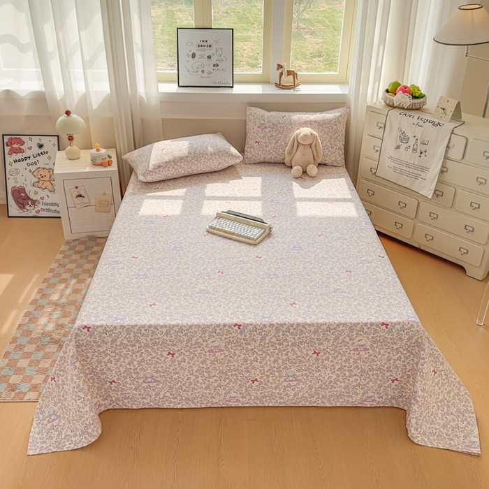 91家纺网 家纺一手货源 找家纺 爱彼家纺 2026新款细沙卡通原棉老粗布床单凉席床单三件套-新升级细沙 粉兔花事