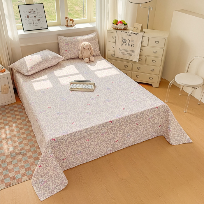 91家纺网 家纺一手货源 找家纺 爱彼家纺 2026新款细沙卡通原棉老粗布床单凉席床单三件套-新升级细沙 粉兔花事