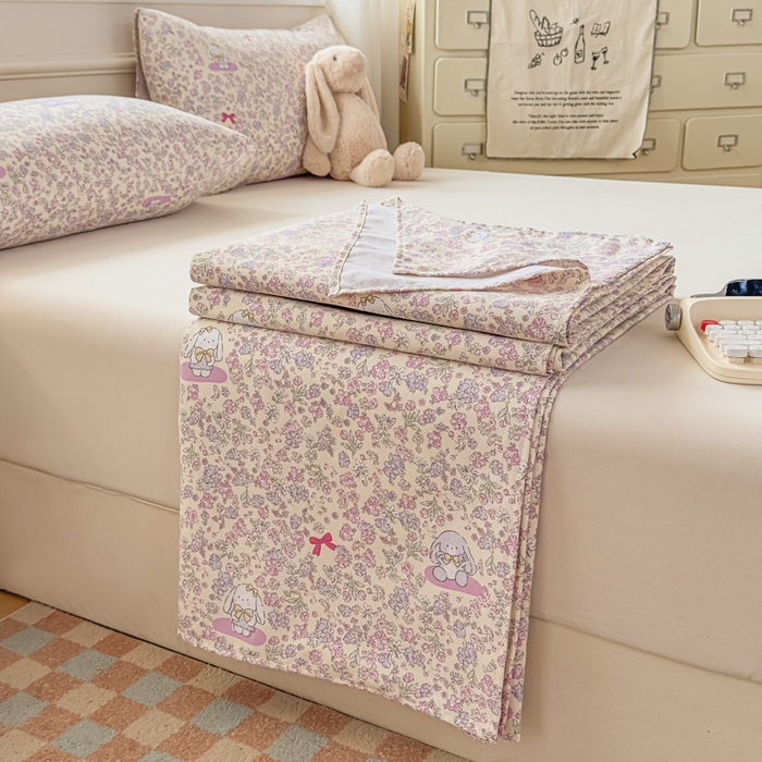 91家纺网 家纺一手货源 找家纺 爱彼家纺 2026新款细沙卡通原棉老粗布床单凉席床单三件套-新升级细沙 粉兔花事