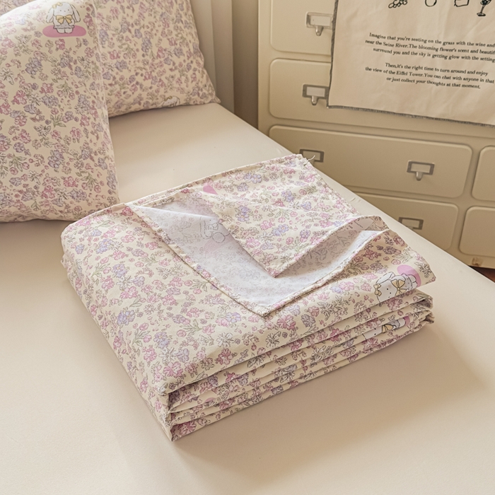 91家纺网 家纺一手货源 找家纺 爱彼家纺 2026新款细沙卡通原棉老粗布床单凉席床单三件套-新升级细沙 粉兔花事