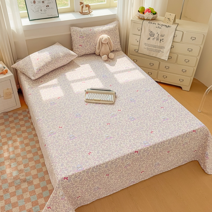 91家纺网 家纺一手货源 找家纺 爱彼家纺 2026新款细沙卡通原棉老粗布床单凉席床单三件套-新升级细沙 粉兔花事