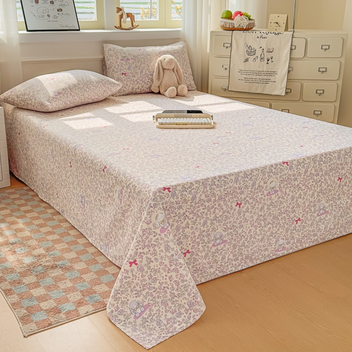 91家纺网 家纺一手货源 找家纺 爱彼家纺 2026新款细沙卡通原棉老粗布床单凉席床单三件套-新升级细沙 粉兔花事