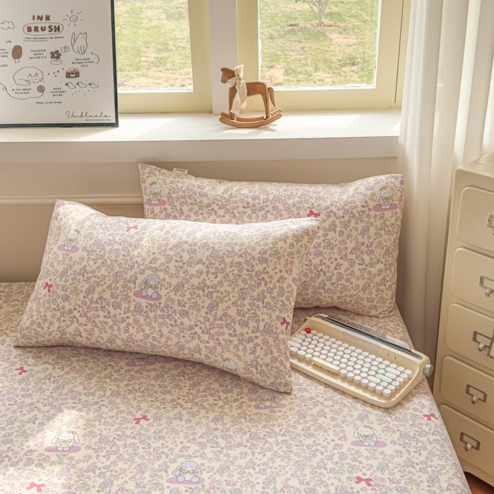 91家纺网 家纺一手货源 找家纺 爱彼家纺 2026新款细沙卡通原棉老粗布床单凉席床单三件套-新升级细沙 粉兔花事