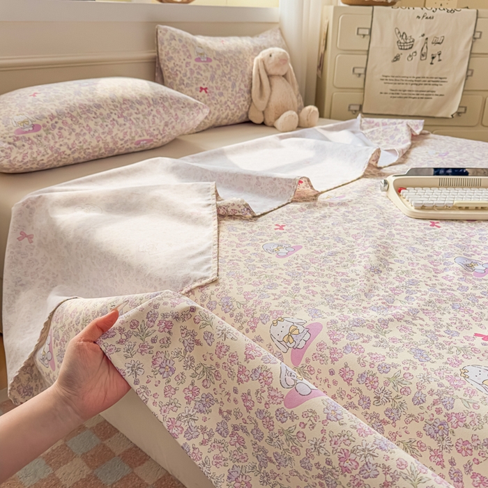 91家纺网 家纺一手货源 找家纺 爱彼家纺 2026新款细沙卡通原棉老粗布床单凉席床单三件套-新升级细沙 粉兔花事