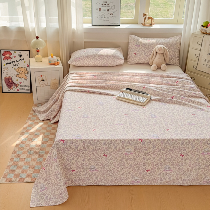 91家纺网 家纺一手货源 找家纺 爱彼家纺 2026新款细沙卡通原棉老粗布床单凉席床单三件套-新升级细沙 粉兔花事