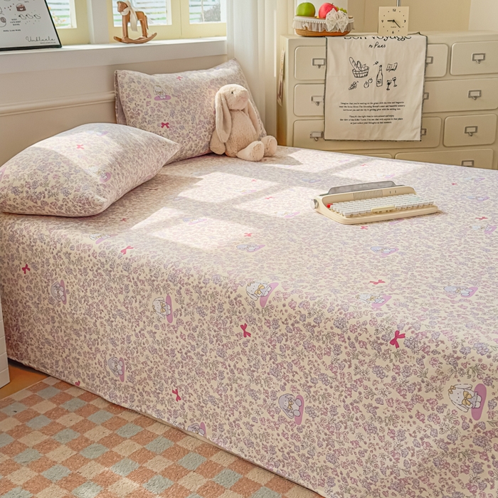 91家纺网 家纺一手货源 找家纺 爱彼家纺 2026新款细沙卡通原棉老粗布床单凉席床单三件套-新升级细沙 粉兔花事