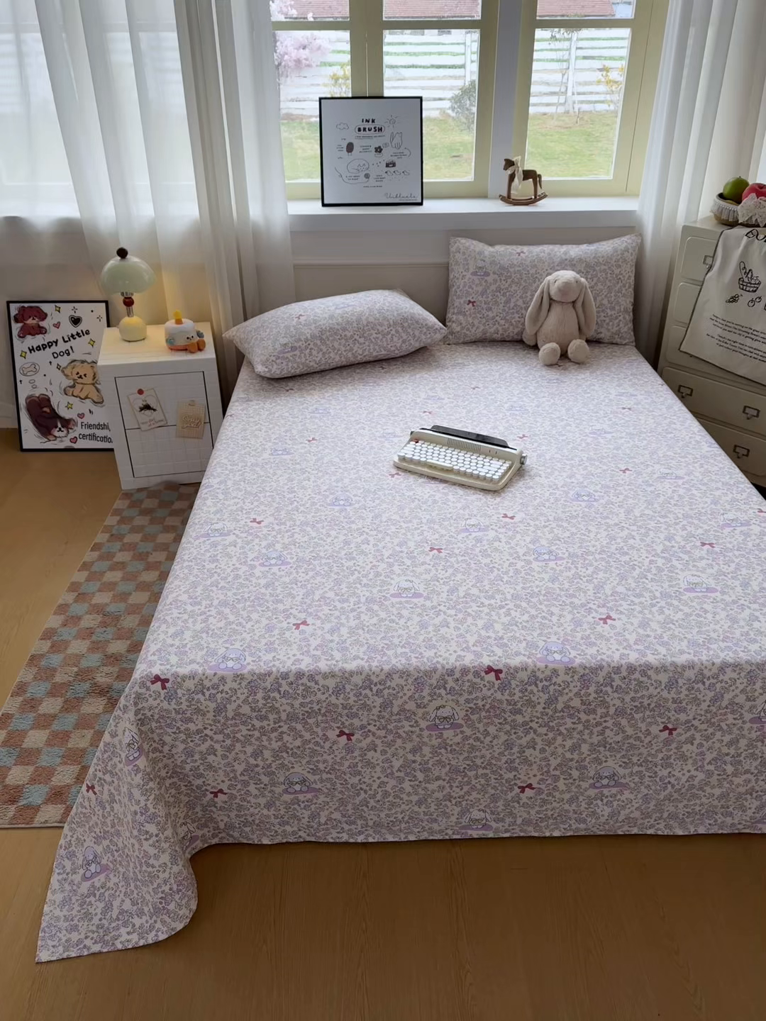 91家纺网 家纺一手货源 找家纺 爱彼家纺 2026新款细沙卡通原棉老粗布床单凉席床单三件套-新升级细沙 粉兔花事