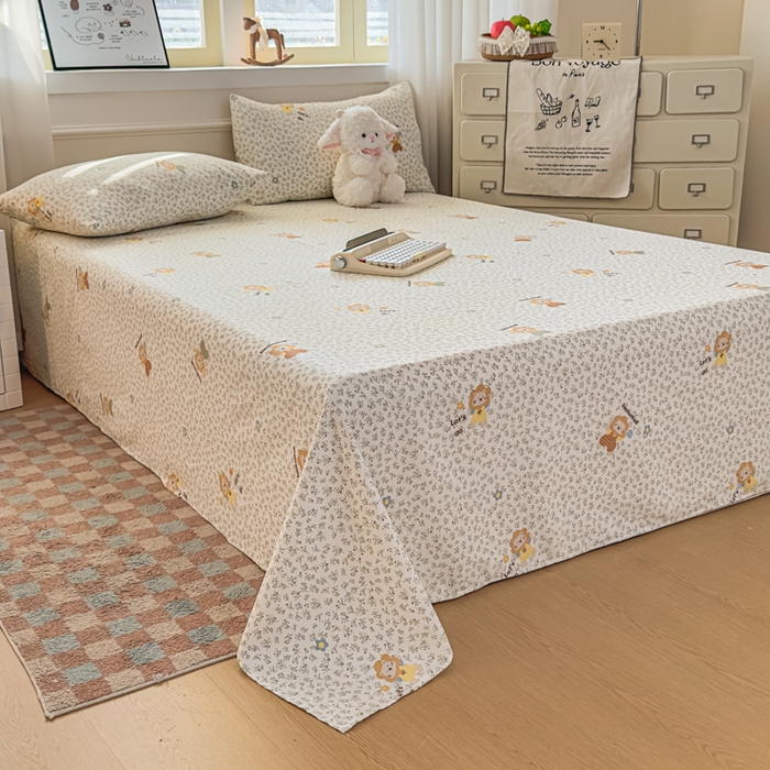 91家纺网 家纺一手货源 找家纺 爱彼家纺 2026新款细沙卡通原棉老粗布床单凉席床单三件套-新升级细沙 花田小狮