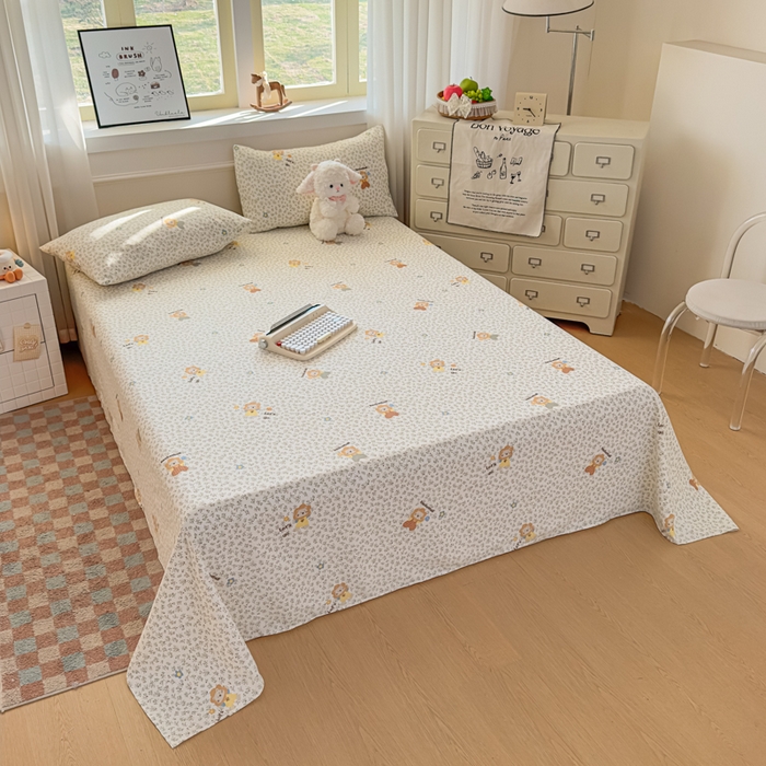 91家纺网 家纺一手货源 找家纺 爱彼家纺 2026新款细沙卡通原棉老粗布床单凉席床单三件套-新升级细沙 花田小狮