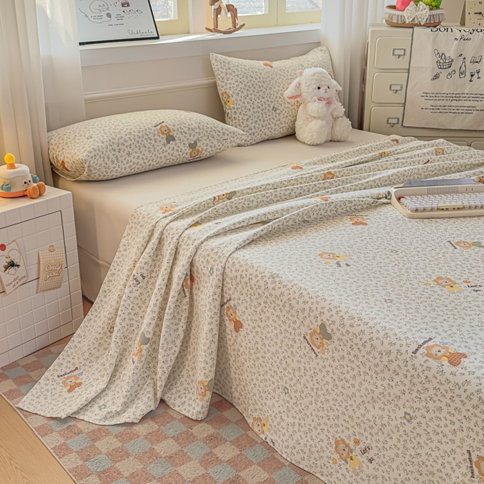 91家纺网 家纺一手货源 找家纺 爱彼家纺 2026新款细沙卡通原棉老粗布床单凉席床单三件套-新升级细沙 花田小狮