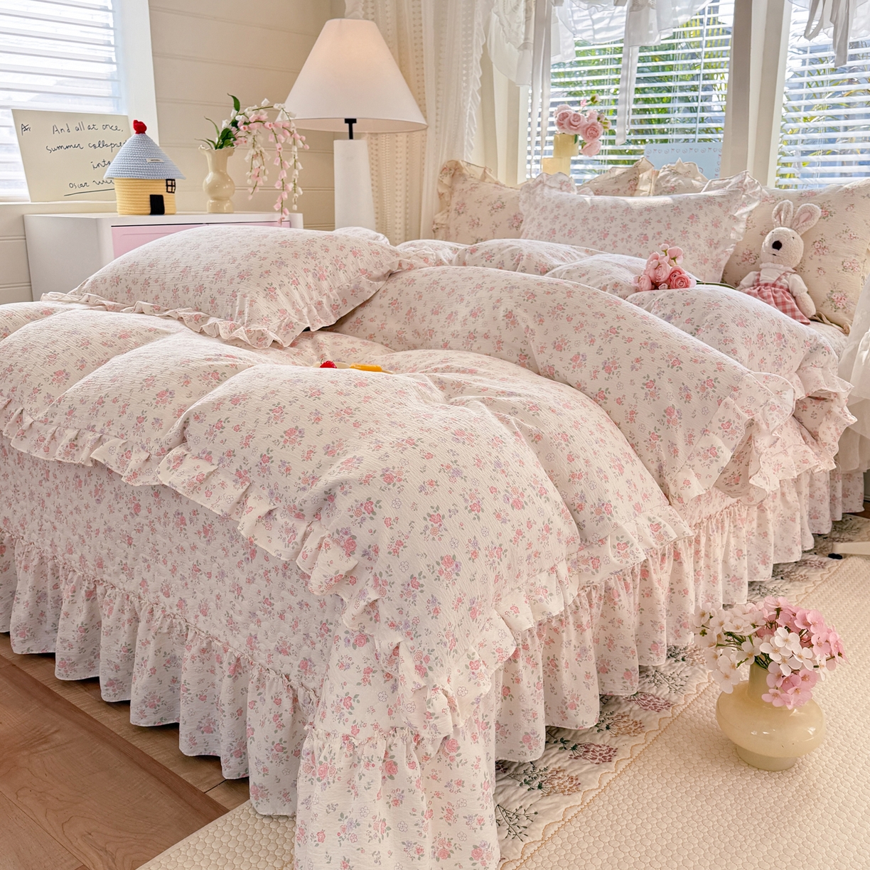 91家纺网 家纺一手货源 找家纺 逸尚阁 2026新款韩版木棉床盖四件套 白茶