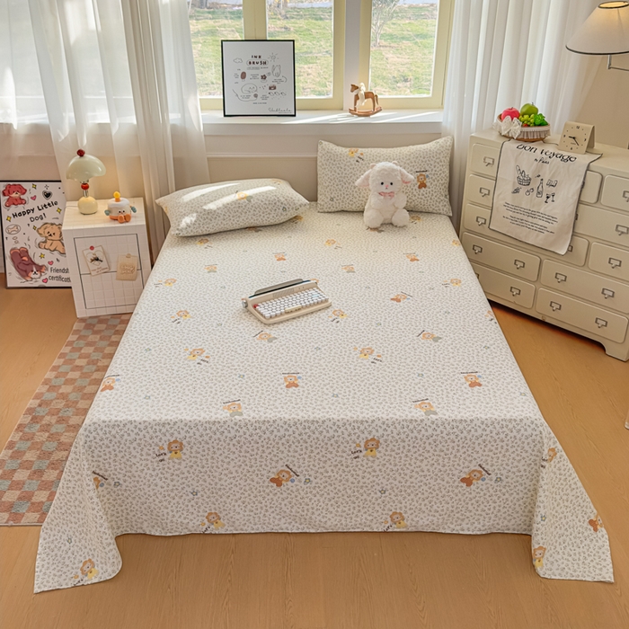 91家纺网 家纺一手货源 找家纺 爱彼家纺 2026新款细沙卡通原棉老粗布床单凉席床单三件套-新升级细沙 花田小狮