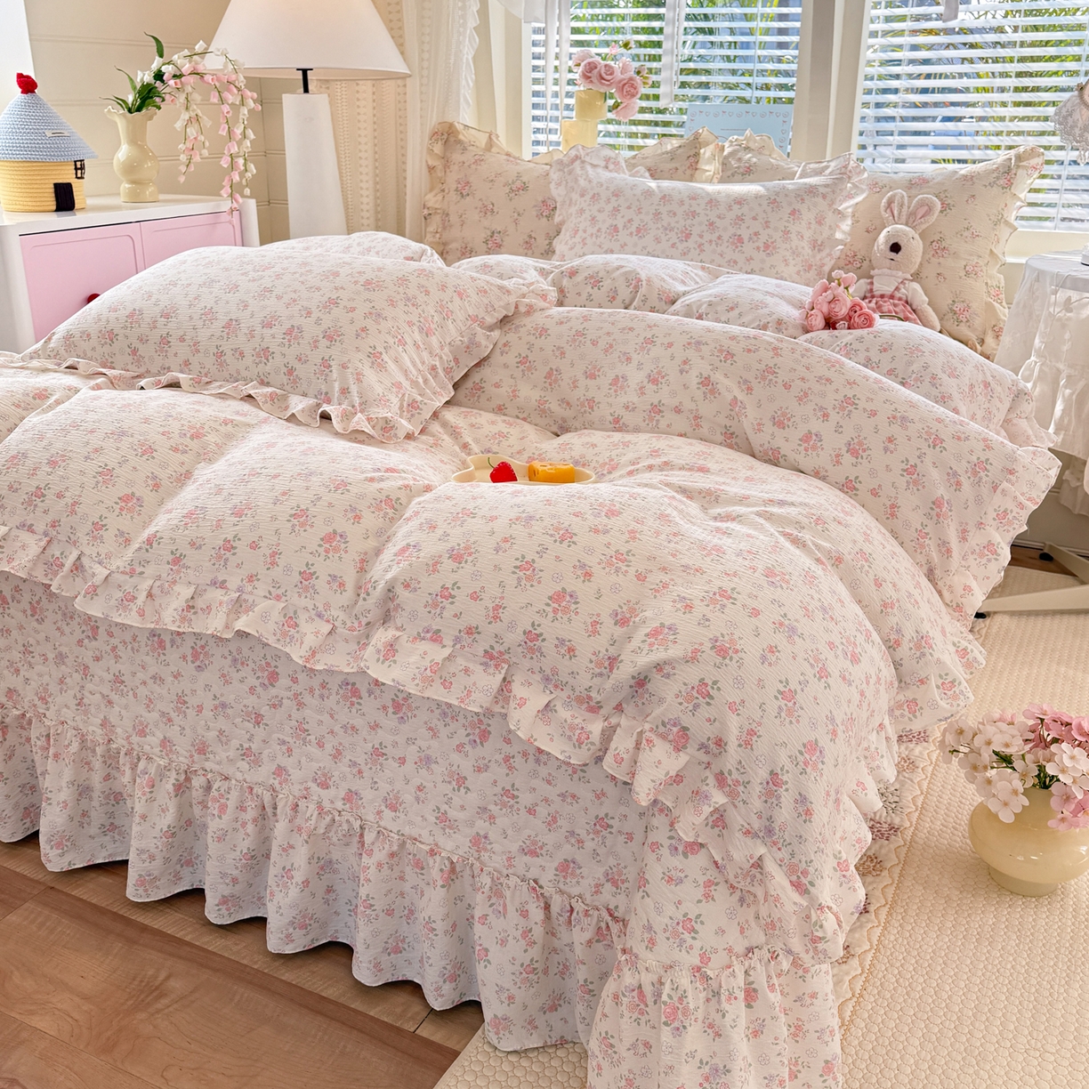 91家纺网 家纺一手货源 找家纺 逸尚阁 2026新款韩版木棉床盖四件套 白茶