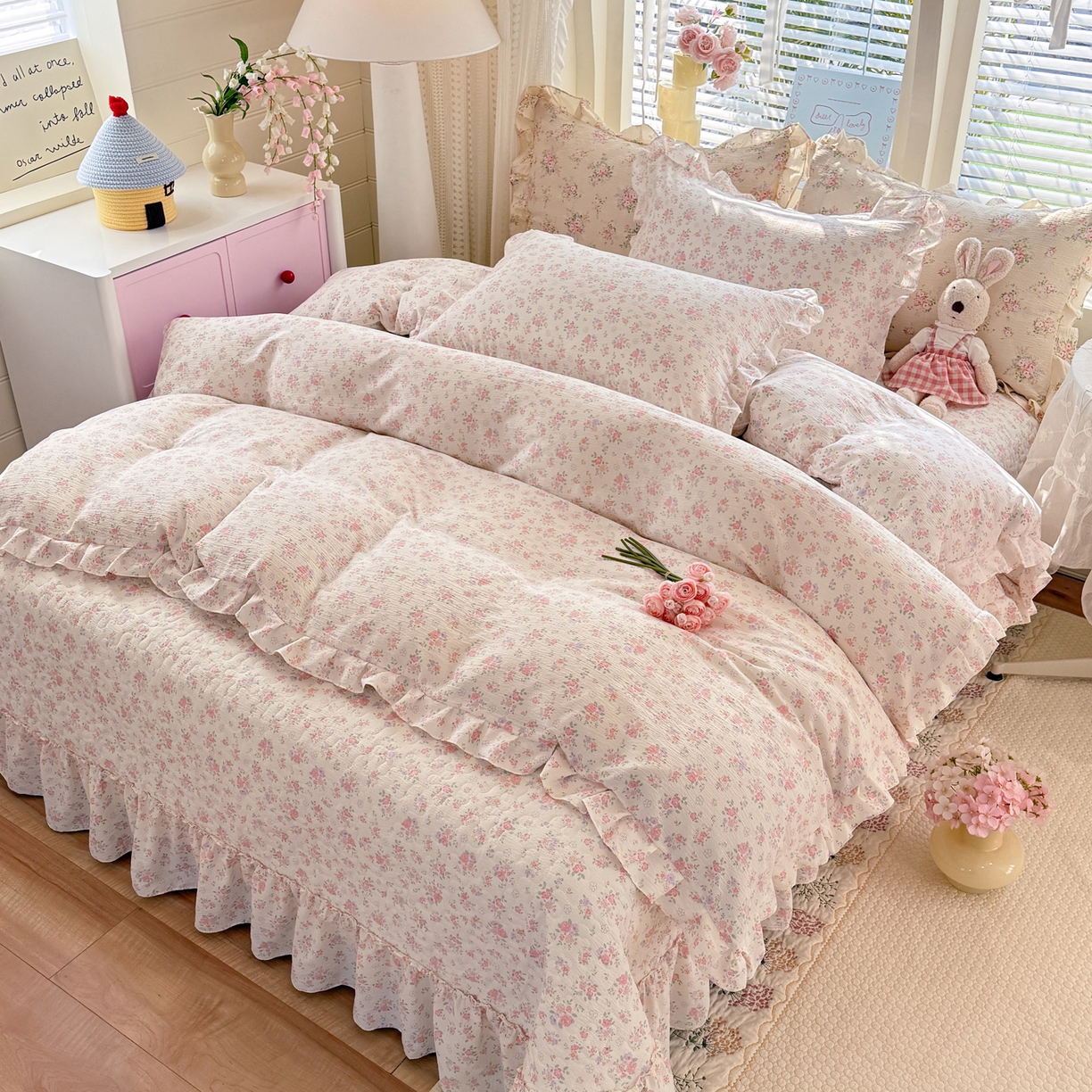 91家纺网 家纺一手货源 找家纺 逸尚阁 2026新款韩版木棉床盖四件套 白茶