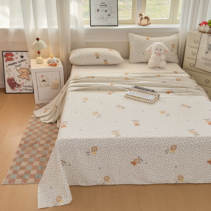 91家纺网 家纺一手货源 找家纺 爱彼家纺 2026新款细沙卡通原棉老粗布床单凉席床单三件套-新升级细沙 花田小狮