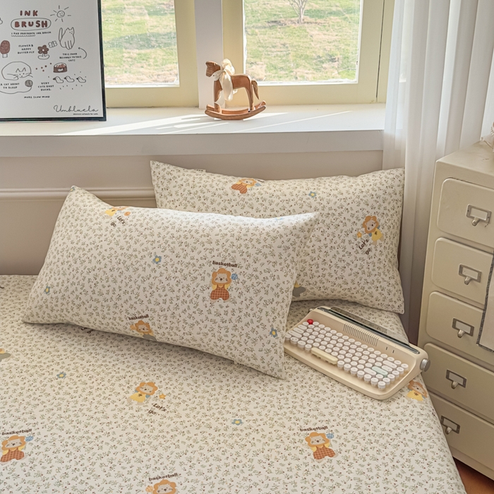 91家纺网 家纺一手货源 找家纺 爱彼家纺 2026新款细沙卡通原棉老粗布床单凉席床单三件套-新升级细沙 花田小狮