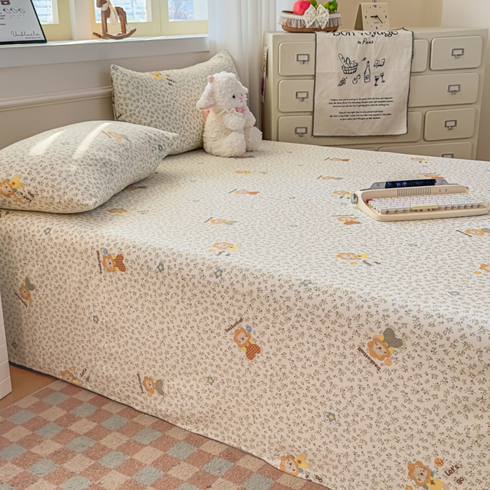 91家纺网 家纺一手货源 找家纺 爱彼家纺 2026新款细沙卡通原棉老粗布床单凉席床单三件套-新升级细沙 花田小狮