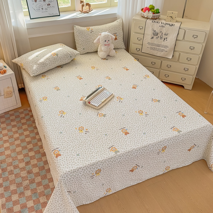 91家纺网 家纺一手货源 找家纺 爱彼家纺 2026新款细沙卡通原棉老粗布床单凉席床单三件套-新升级细沙 花田小狮