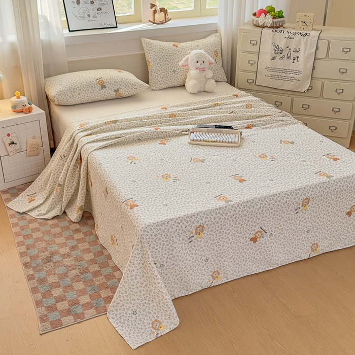 91家纺网 家纺一手货源 找家纺 爱彼家纺 2026新款细沙卡通原棉老粗布床单凉席床单三件套-新升级细沙 花田小狮