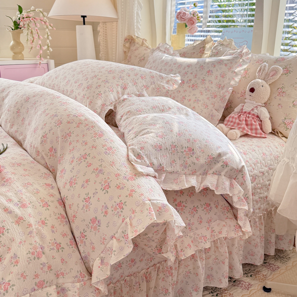 91家纺网 家纺一手货源 找家纺 逸尚阁 2026新款韩版木棉床盖四件套 白茶