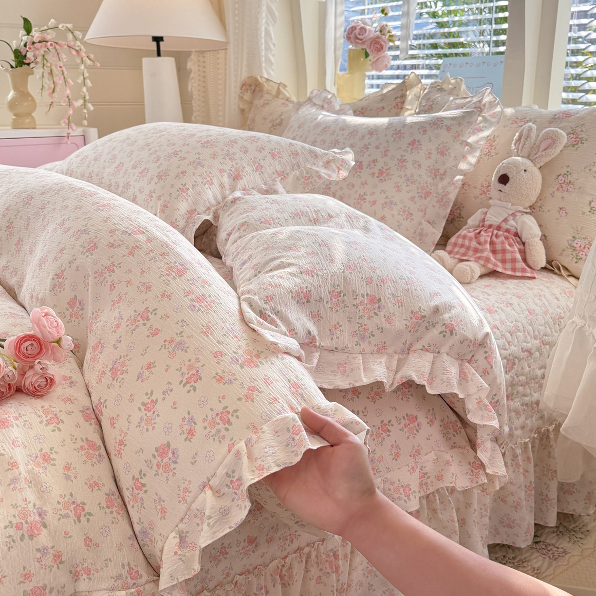 91家纺网 家纺一手货源 找家纺 逸尚阁 2026新款韩版木棉床盖四件套 白茶