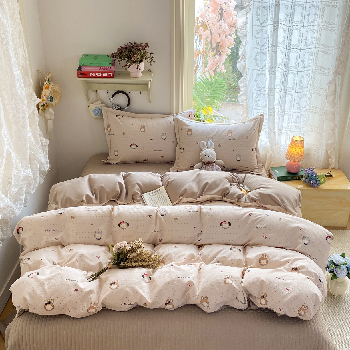 91家纺网 家纺一手货源 找家纺 富之航家纺 2026新款小清新床盖四件套 焦糖拉布布