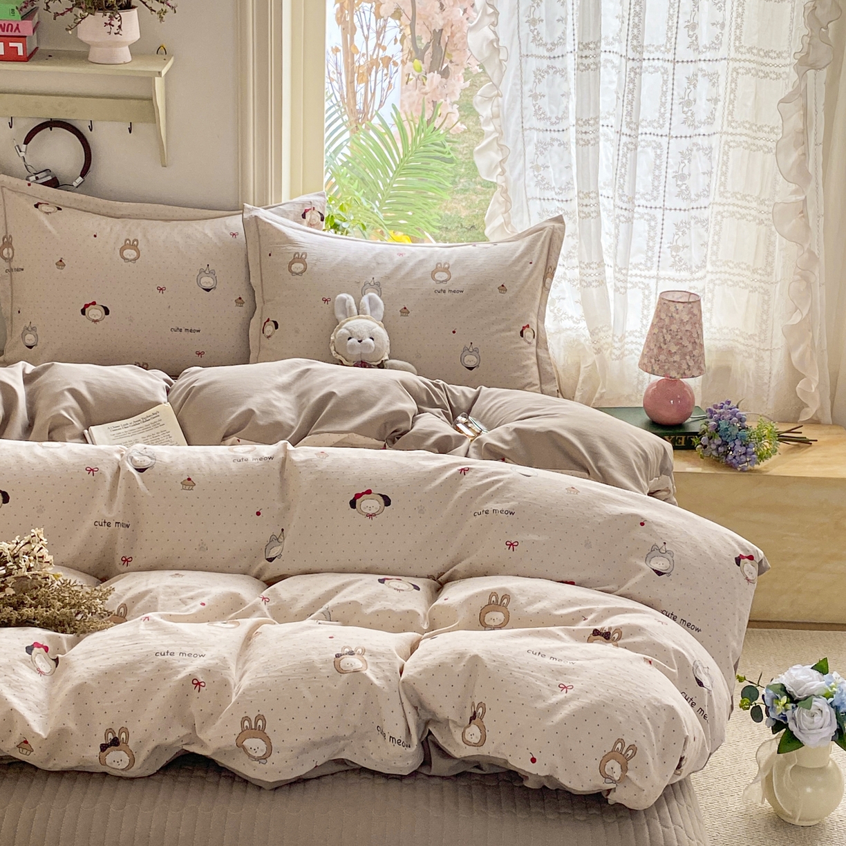 91家纺网 家纺一手货源 找家纺 富之航家纺 2026新款小清新床盖四件套 焦糖拉布布