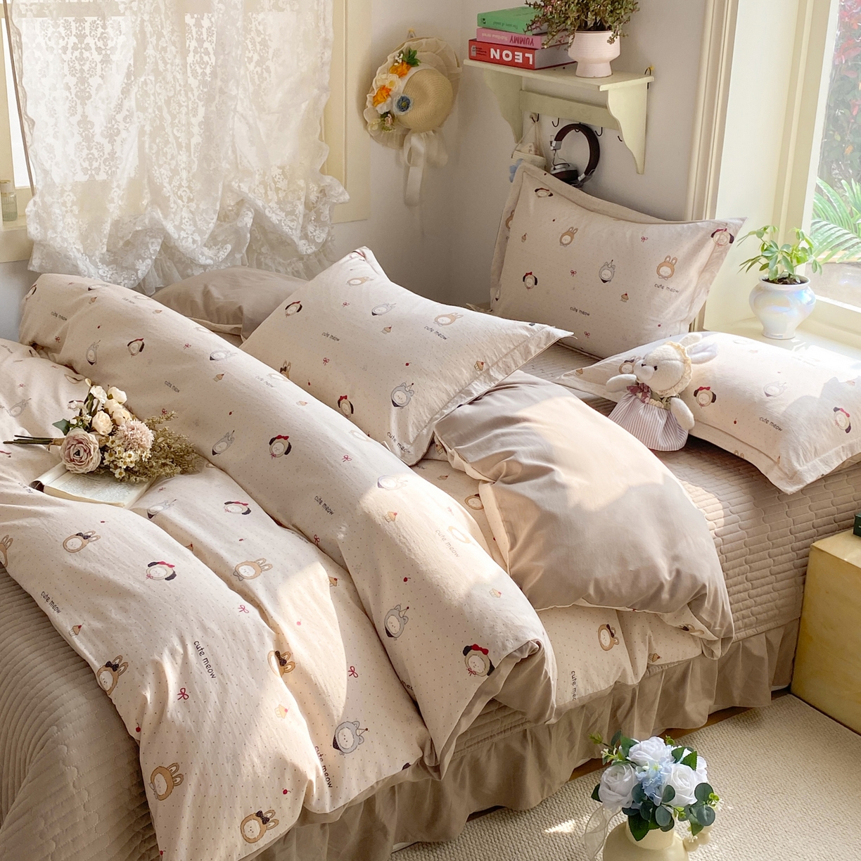 91家纺网 家纺一手货源 找家纺 富之航家纺 2026新款小清新床盖四件套 焦糖拉布布