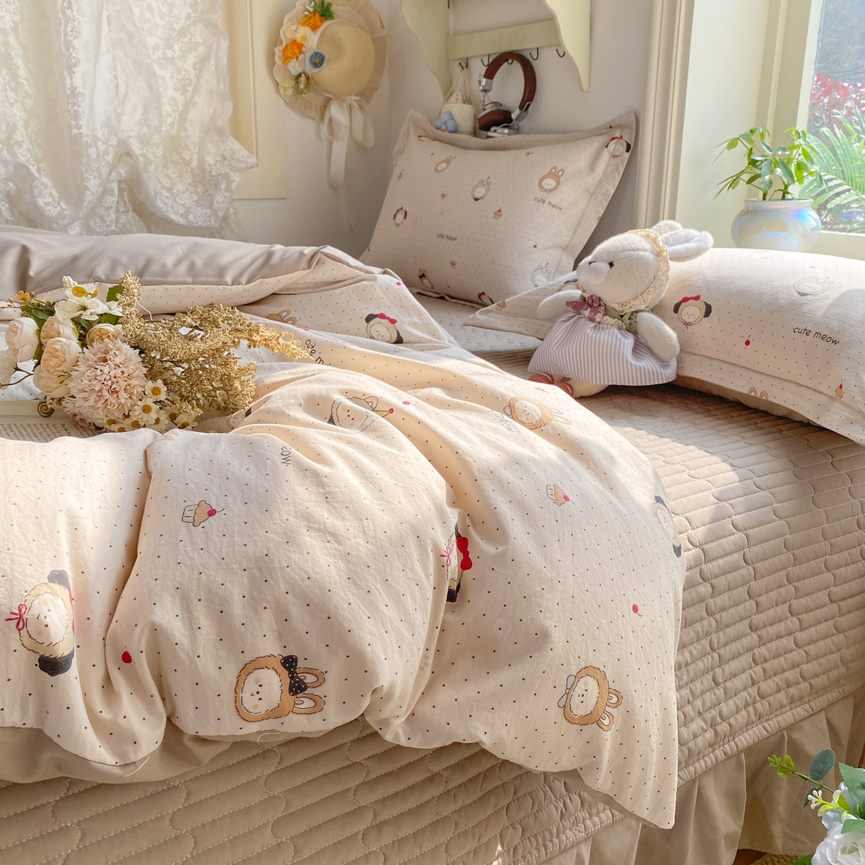 91家纺网 家纺一手货源 找家纺 富之航家纺 2026新款小清新床盖四件套 焦糖拉布布