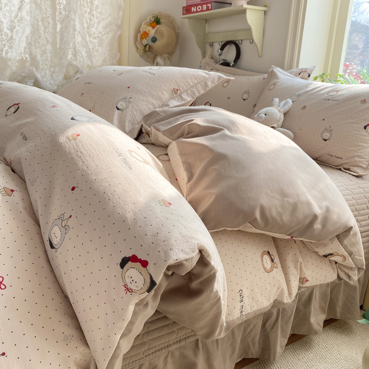 91家纺网 家纺一手货源 找家纺 富之航家纺 2026新款小清新床盖四件套 焦糖拉布布