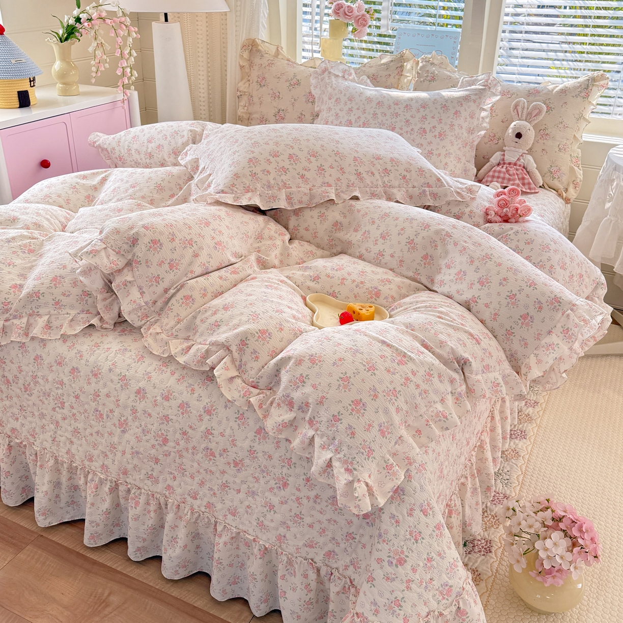 91家纺网 家纺一手货源 找家纺 逸尚阁 2026新款韩版木棉床盖四件套 白茶