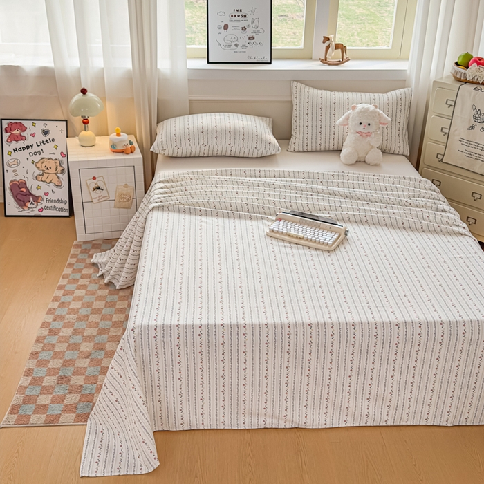 91家纺网 家纺一手货源 找家纺 爱彼家纺 2026新款细沙卡通原棉老粗布床单凉席床单三件套-新升级细沙 花条