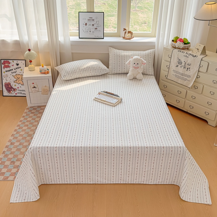 91家纺网 家纺一手货源 找家纺 爱彼家纺 2026新款细沙卡通原棉老粗布床单凉席床单三件套-新升级细沙 花条