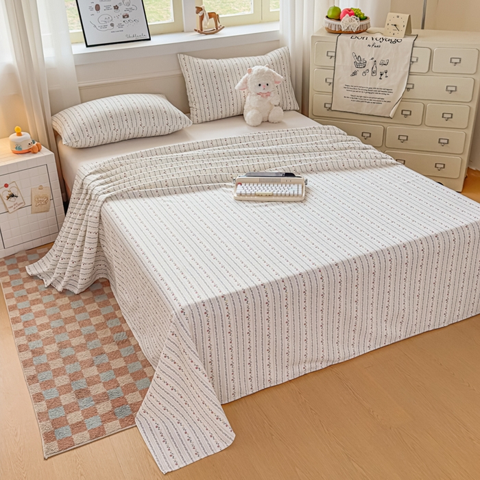 91家纺网 家纺一手货源 找家纺 爱彼家纺 2026新款细沙卡通原棉老粗布床单凉席床单三件套-新升级细沙 花条