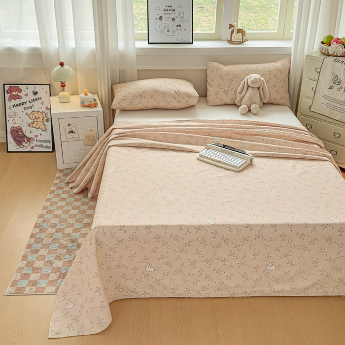 91家纺网 家纺一手货源 找家纺 爱彼家纺 2026新款细沙卡通原棉老粗布床单凉席床单三件套-新升级细沙 林间小兔