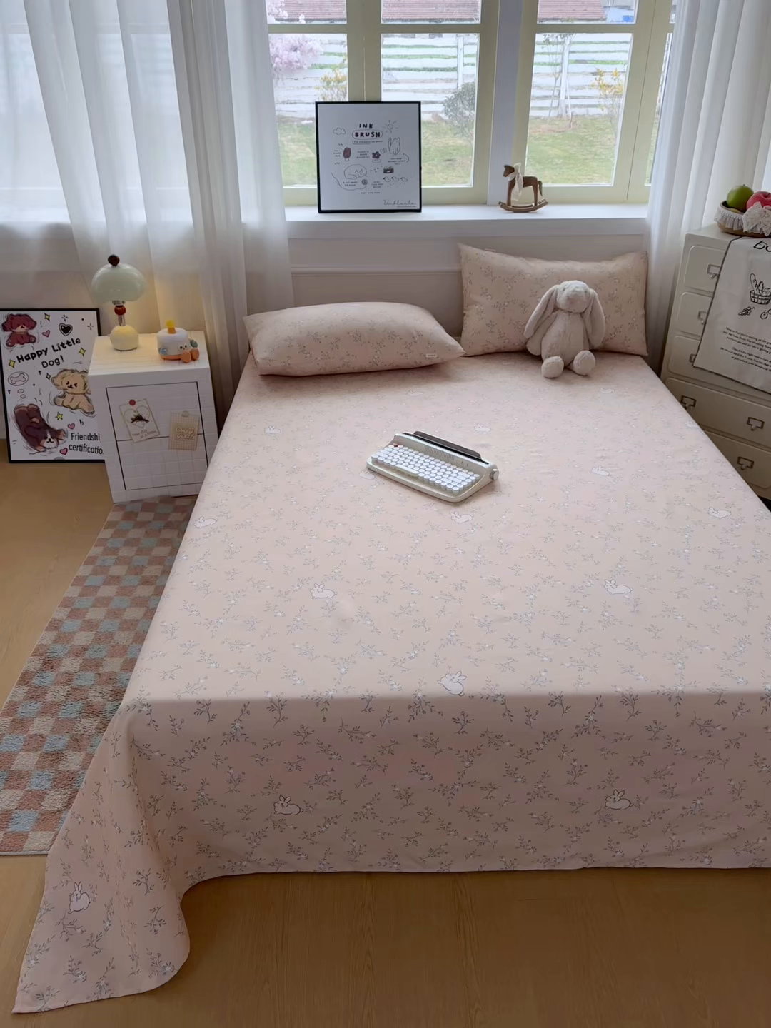 91家纺网 家纺一手货源 找家纺 爱彼家纺 2026新款细沙卡通原棉老粗布床单凉席床单三件套-新升级细沙 林间小兔