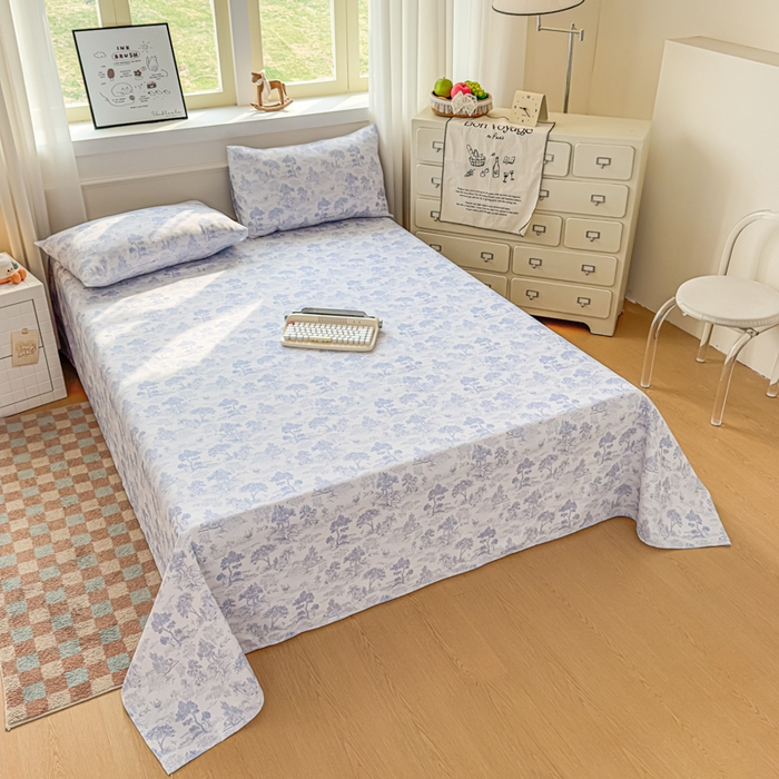 91家纺网 家纺一手货源 找家纺 爱彼家纺 2026新款细沙卡通原棉老粗布床单凉席床单三件套-新升级细沙 青花江水