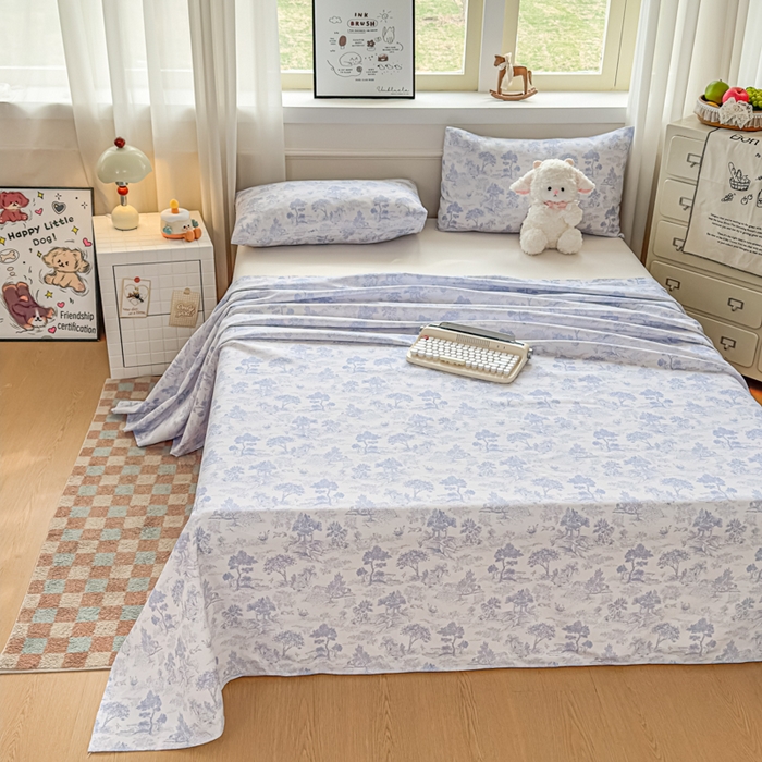 91家纺网 家纺一手货源 找家纺 爱彼家纺 2026新款细沙卡通原棉老粗布床单凉席床单三件套-新升级细沙 青花江水