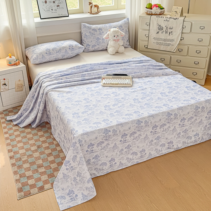 91家纺网 家纺一手货源 找家纺 爱彼家纺 2026新款细沙卡通原棉老粗布床单凉席床单三件套-新升级细沙 青花江水