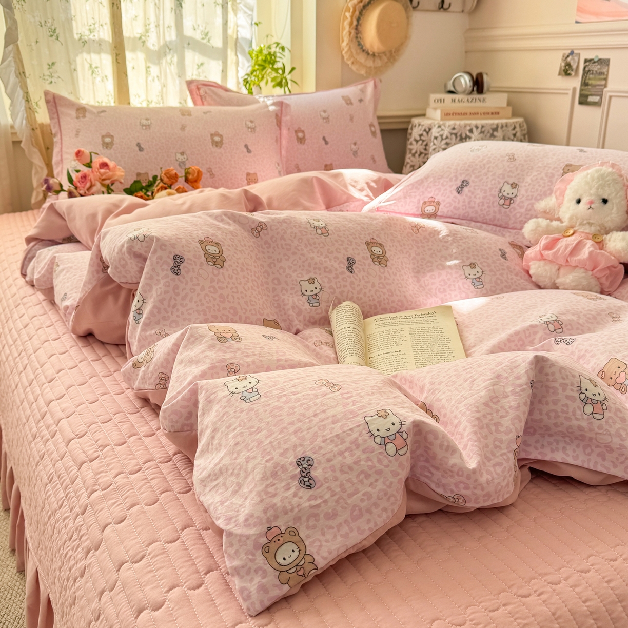 91家纺网 家纺一手货源 找家纺 富之航家纺 2026新款小清新床盖四件套 俏皮豹纹kt