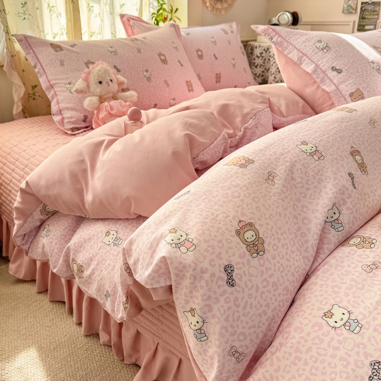 91家纺网 家纺一手货源 找家纺 富之航家纺 2026新款小清新床盖四件套 俏皮豹纹kt