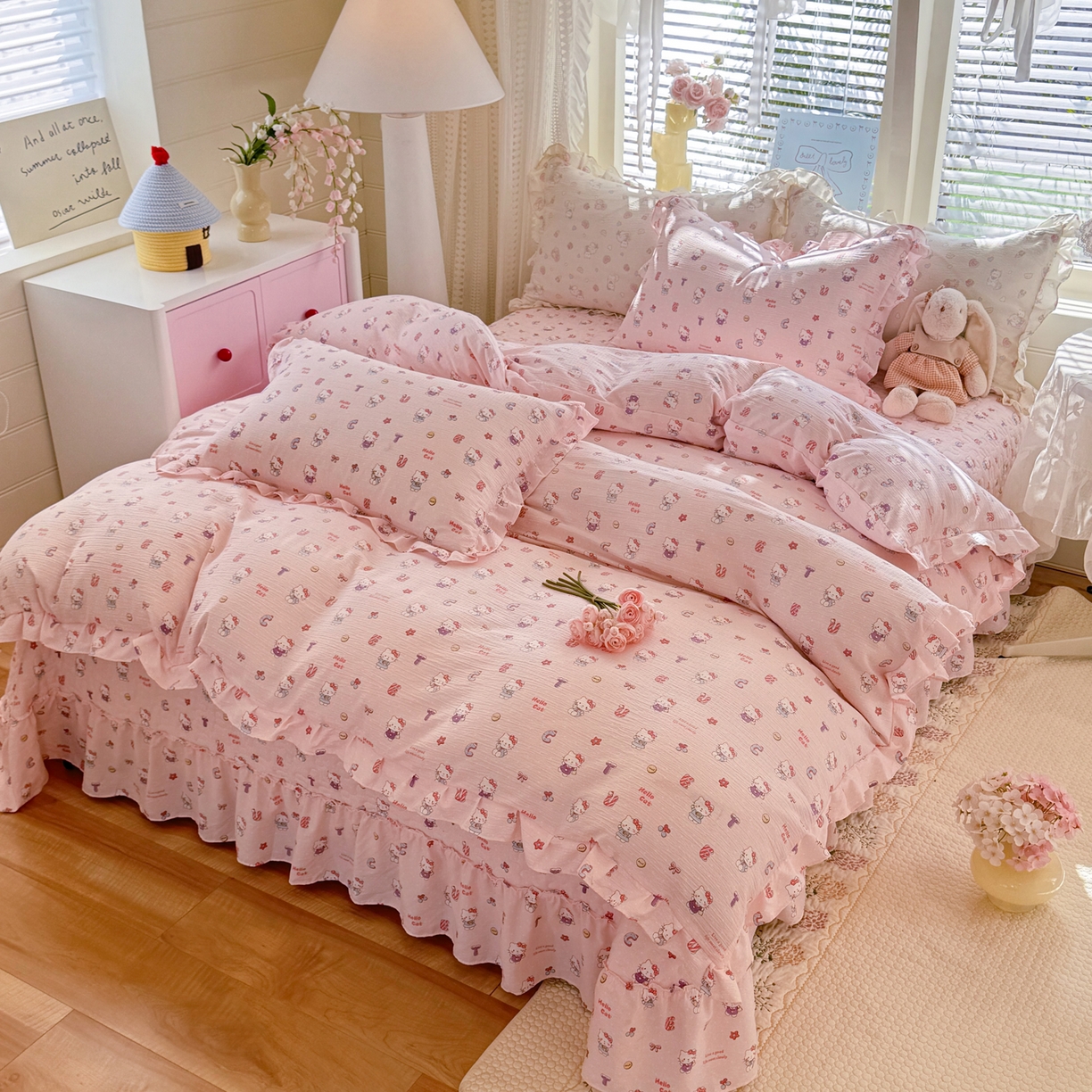 91家纺网 家纺一手货源 找家纺 逸尚阁 2026新款韩版木棉床盖四件套 猫猫宴会