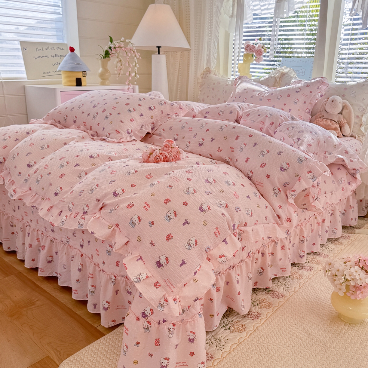 91家纺网 家纺一手货源 找家纺 逸尚阁 2026新款韩版木棉床盖四件套 猫猫宴会