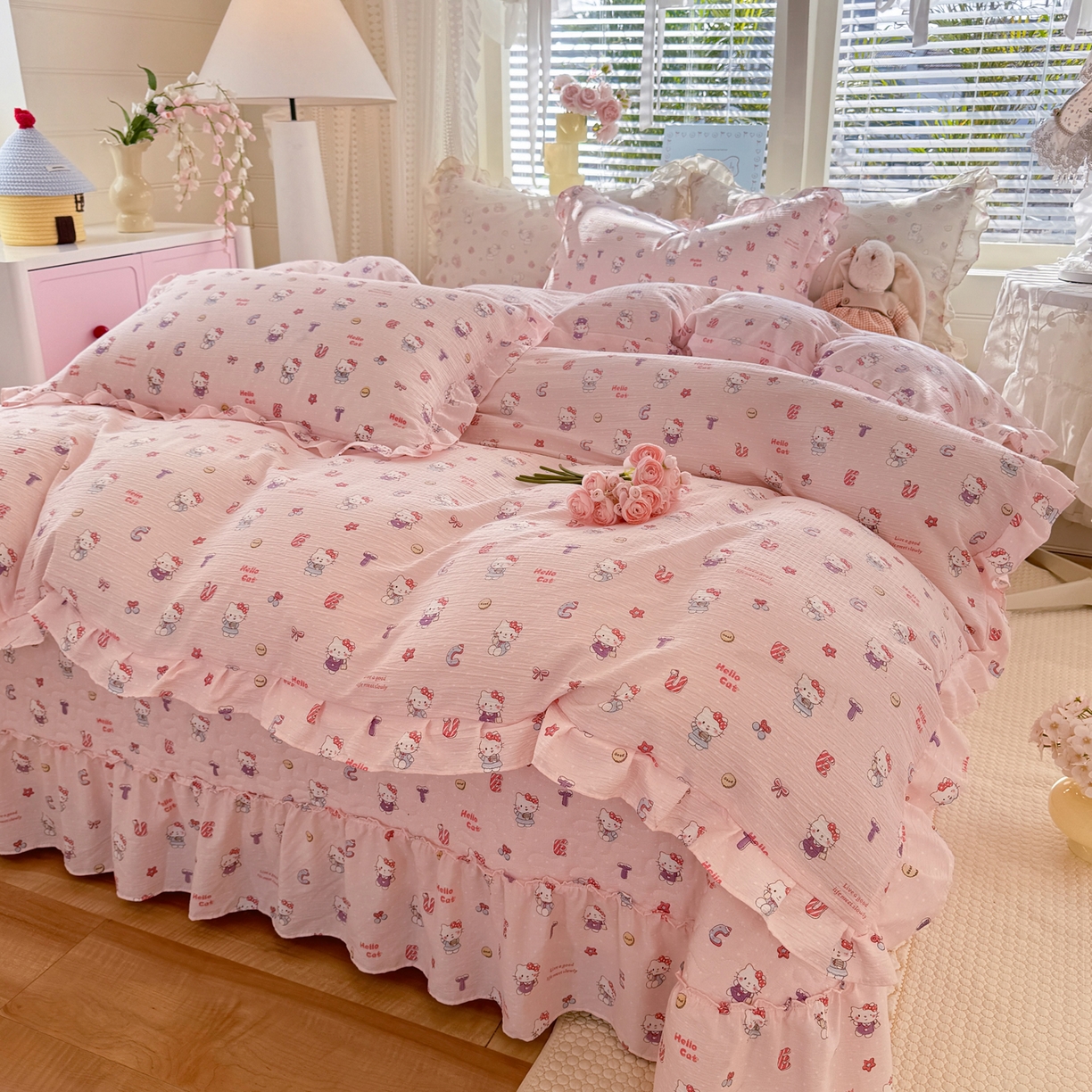 91家纺网 家纺一手货源 找家纺 逸尚阁 2026新款韩版木棉床盖四件套 猫猫宴会