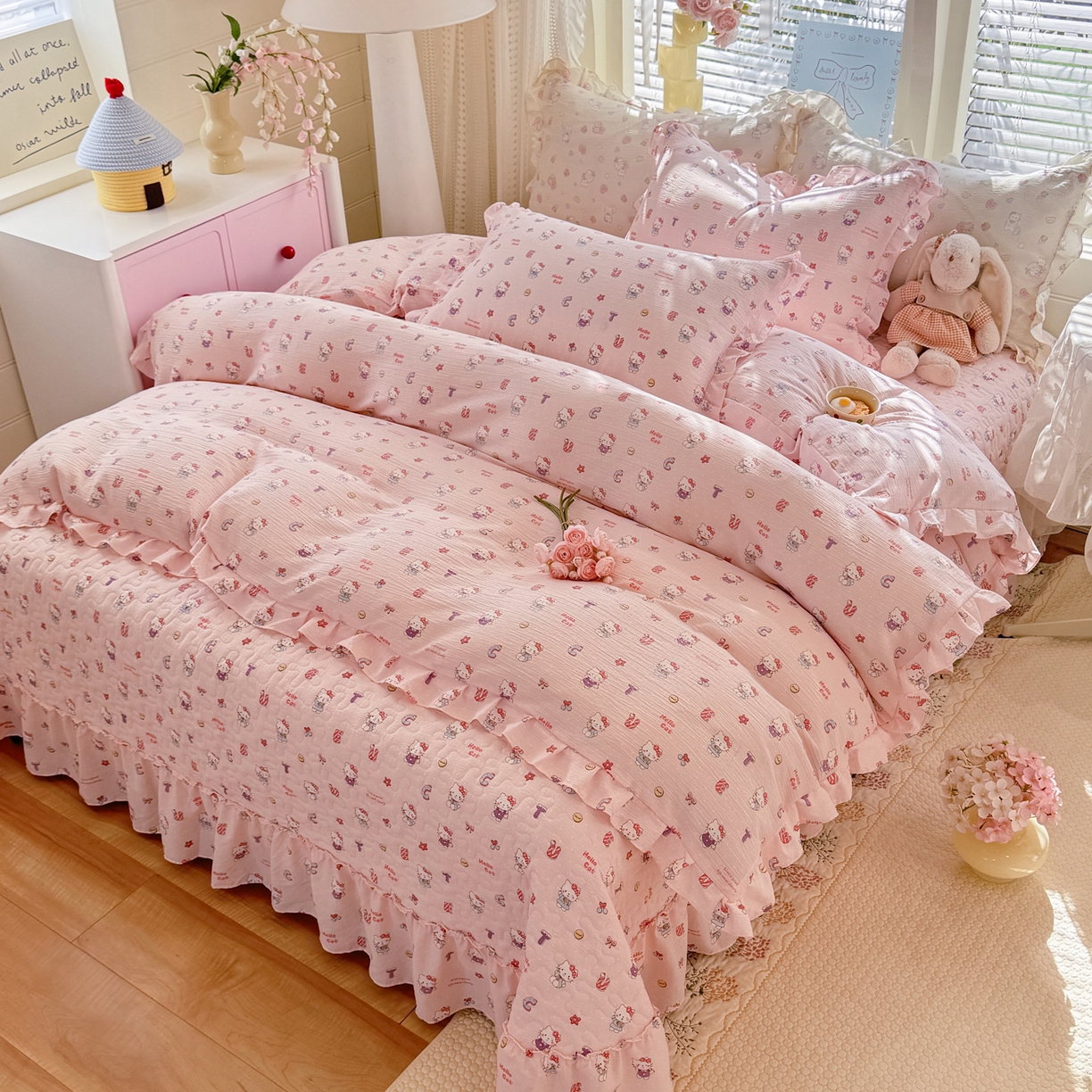 91家纺网 家纺一手货源 找家纺 逸尚阁 2026新款韩版木棉床盖四件套 猫猫宴会