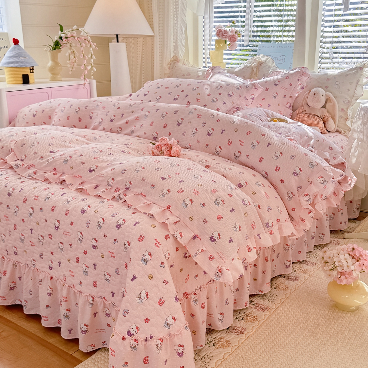 91家纺网 家纺一手货源 找家纺 逸尚阁 2026新款韩版木棉床盖四件套 猫猫宴会