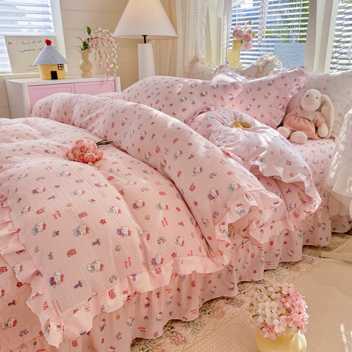 91家纺网 家纺一手货源 找家纺 逸尚阁 2026新款韩版木棉床盖四件套 猫猫宴会