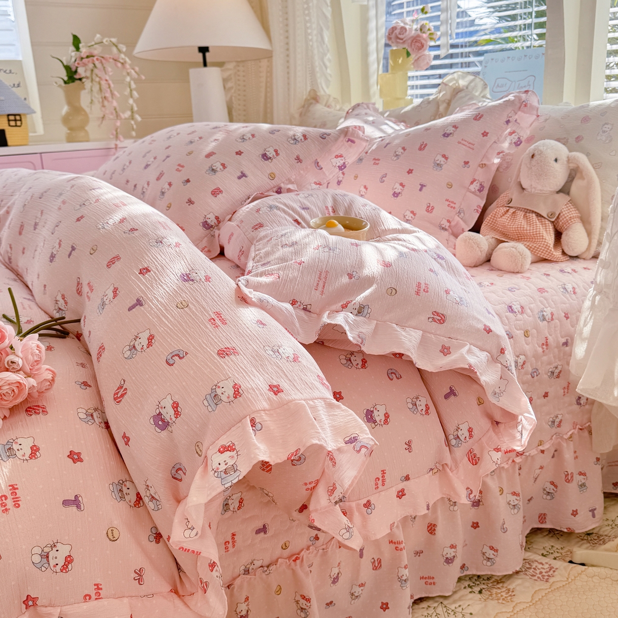 91家纺网 家纺一手货源 找家纺 逸尚阁 2026新款韩版木棉床盖四件套 猫猫宴会